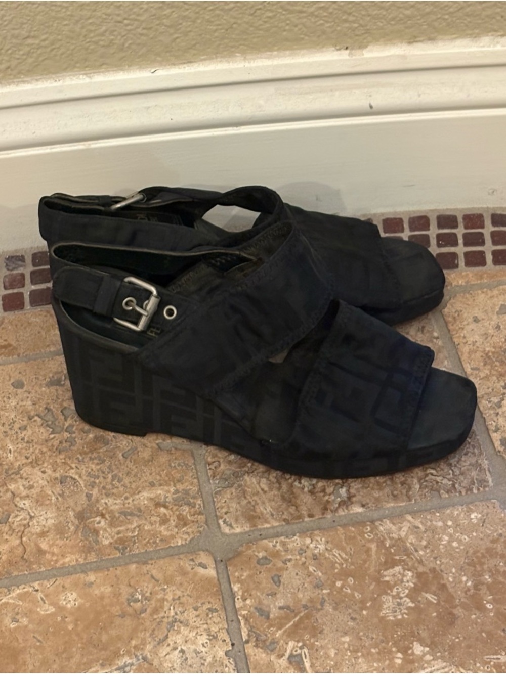 Auth FENDI Black Zucca Monogram Buckle Strap Wedge Shoes Size 7